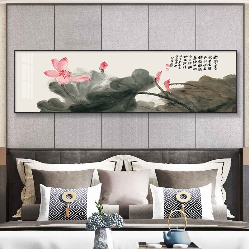 新中式卧室装饰画客厅沙发背景墙床头挂画荷花横版中国风晶瓷壁画图片