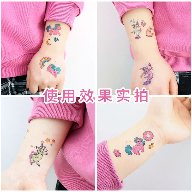 卡通闪粉纹身贴转印贴纸纹身贴儿童指甲贴纸女孩水印防水水贴透明