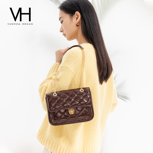 VH女包海棠菱格包真皮油蜡单肩包