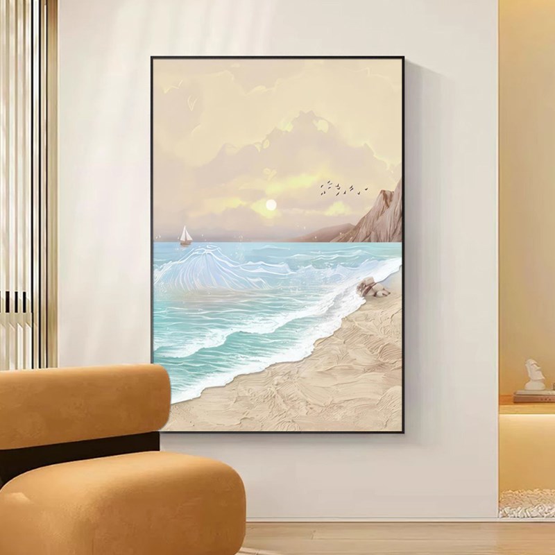 奶油风现代客厅装饰画沙发背景墙挂画海景落地画肌理玄关挂画