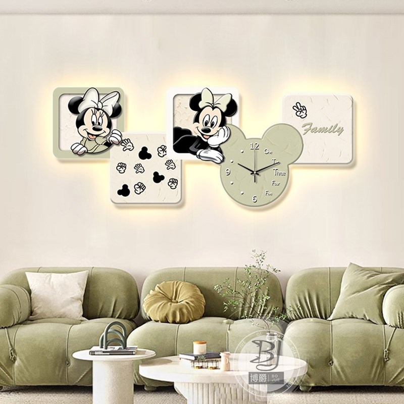 奶油风米奇客厅装饰画led带灯发光画沙发背景墙画带钟表挂钟静音
