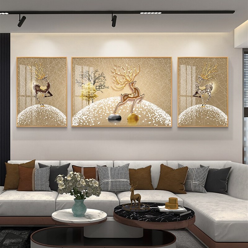 晶瓷画轻奢客厅装饰画沙发背景墙三联画现代简约餐厅壁画麋鹿挂画图片