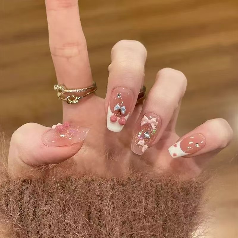 【樱桃丸子】网红爆款蝴蝶结爱心法式美甲可爱风腮红纯手工穿戴甲