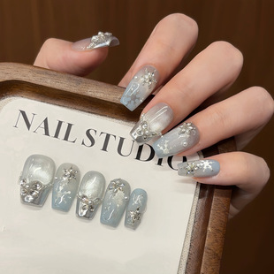 纯手工透感雪花锆石拼钻渐变冰透浅蓝玻璃珠猫眼轻奢秋冬穿戴甲