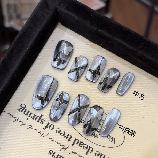 纯手工紫蝴蝶晕染猫眼中长穿戴甲高级感酷辣显白穿戴甲