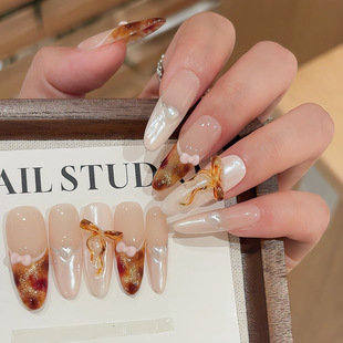 纯手工【粉嫩蝴蝶结豹纹】高级晕染少女心氛围感早秋新款穿戴甲甲