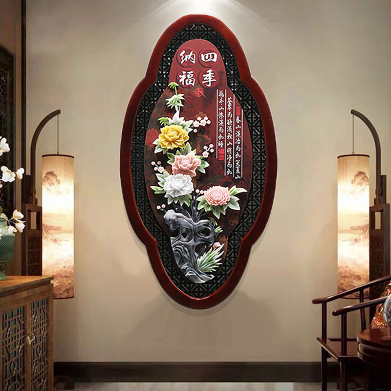 玄关挂画中式玉雕画客厅装饰画餐厅立体浮雕壁画走廊床头实木挂画图片