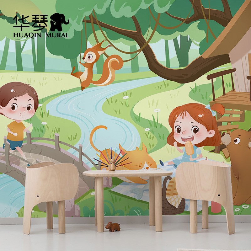 卡通森林幼儿园背景墙壁纸 男孩女孩儿童房墙纸 墙布壁布壁画定制