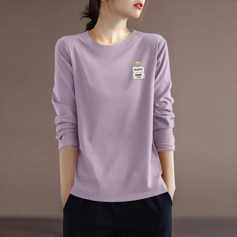 纯棉长袖大码t恤女秋冬女装内搭韩版宽松遮肉圆领休闲打底上衣