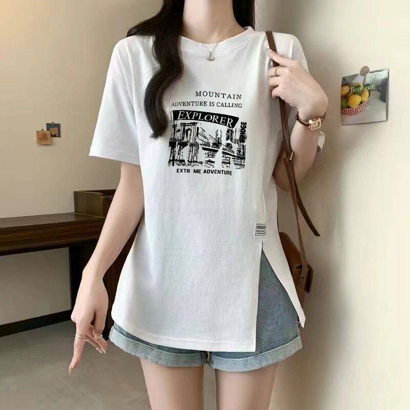 随机印花纯棉短袖潮流T恤女夏装新款圆领宽松减龄百搭上衣汗衫