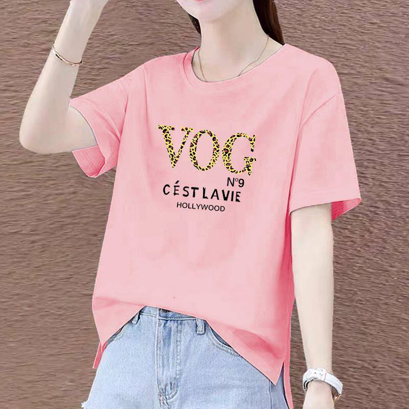 纯棉开叉短袖t恤女士夏新款宽松韩版大码百搭印花上衣体恤衫