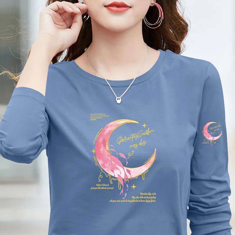 纯棉长袖大码t恤女秋冬女装休闲宽松洋气简约显瘦减龄上衣女ins