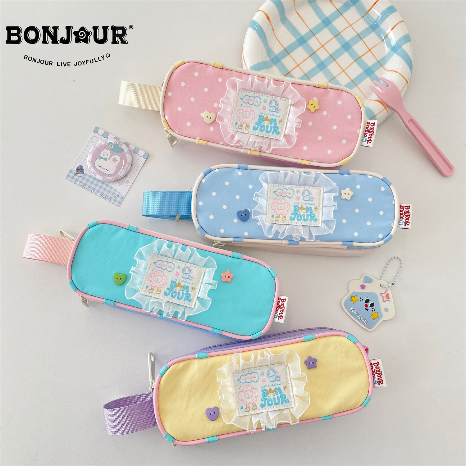 Bonjour 原创少女心蕾丝边多层大容量高颜值学生文具收纳笔袋