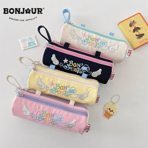 Bonjour刺绣小翅膀分层笔袋
