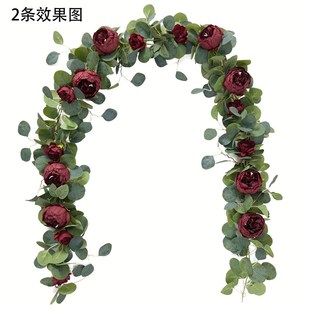 仿真金钱叶桉树花环绢布牡丹v玫瑰花长藤条婚礼拱形桌墙壁背景装