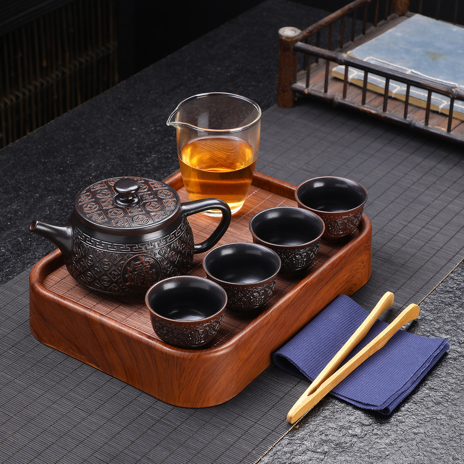 紫陶汉瓦浮雕功夫茶具套装招财