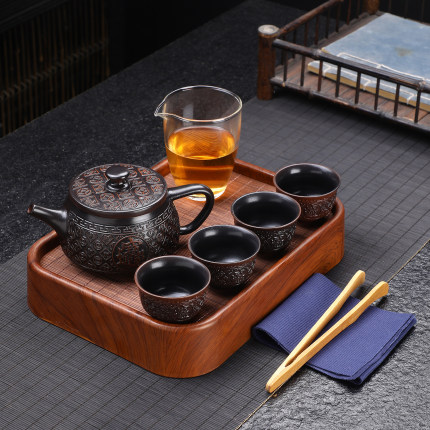 手工茶壶汉瓦壶招财进宝浮雕紫陶功夫茶具泡茶壶高端家用茶具套装