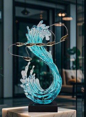 透明树脂浪花游鱼创意雕塑房地产售楼部酒店大堂玄关风生水起摆件