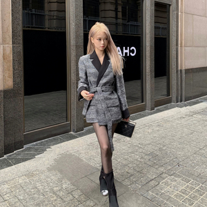 秋冬小香风气质名媛风短外套女两件套装高级感系带中长款西装大衣