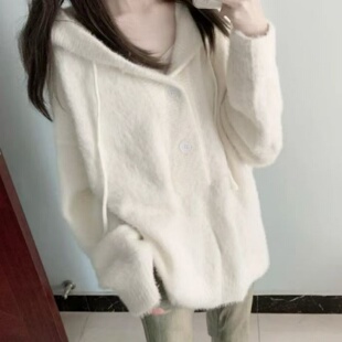 日系复古冬小个子少女感甜美软糯针织毛衣外套连帽宽松显瘦开衫白