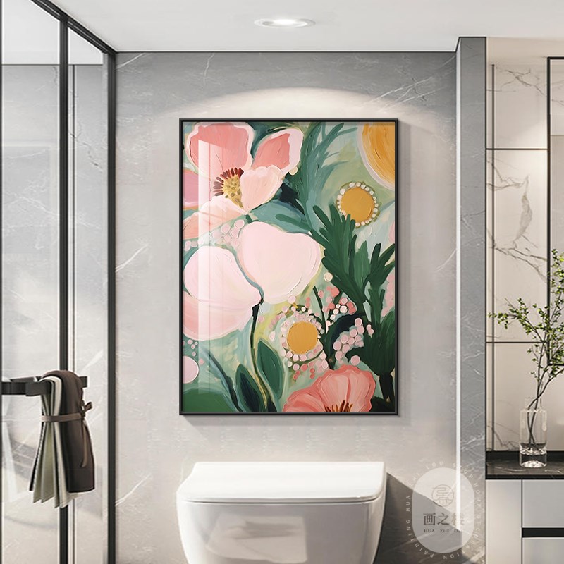 大芬村油画d卫生间防水装饰画花卉肌理感厕所浴室挂画洗手间墙壁图片