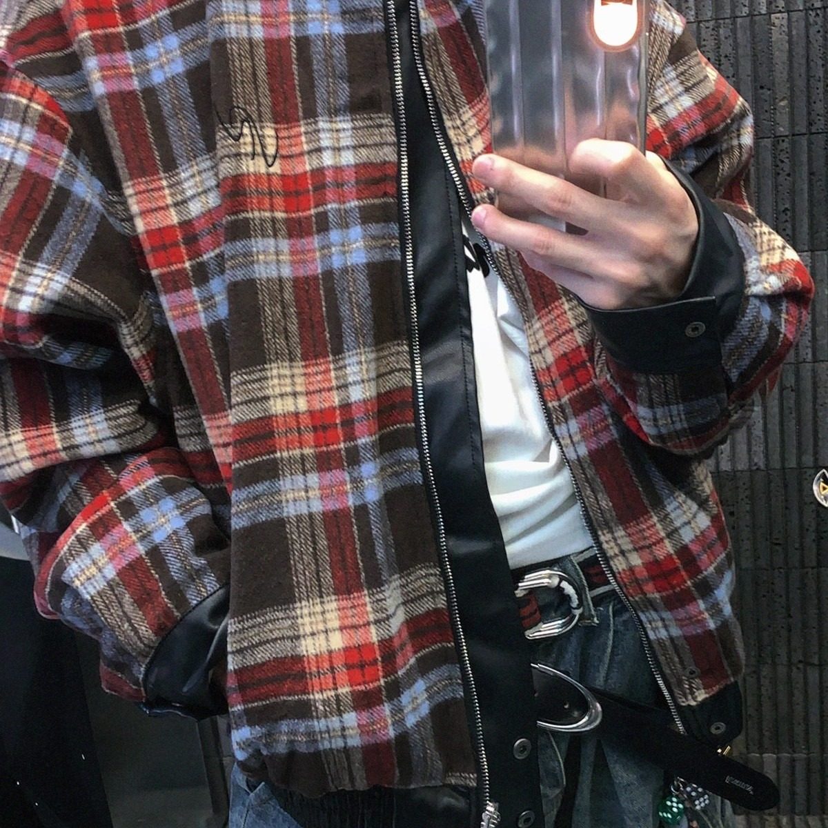 美式复古双面穿格子pu皮衣外套男女新款秋冬高级感翻领夹克潮流