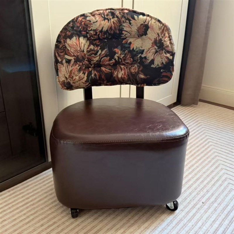 可移动沙发凳h子家用靠背旋转椅软包溜溜凳实木带轮沙发凳靠背椅