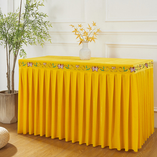 莲花刺绣供桌布佛台布寺庙桌裙八仙桌桌围加厚金丝绒香案黄布定制