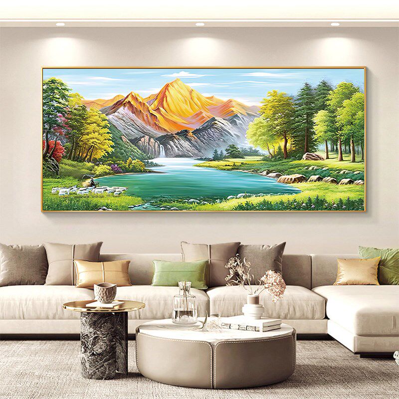 背靠金山聚宝盆十字绣2025新款高端客厅高级感大幅风景山水画刺绣