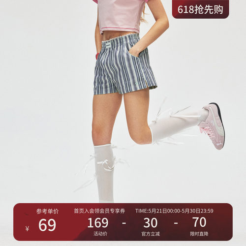 瞬时山野Monterest户外刺绣logo蕾丝腰头宽松条纹阿罗裤短裤女款