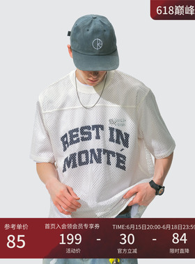 瞬时山野Monterest户外复古Slogan标语印花镂空网眼球衣短袖T恤男