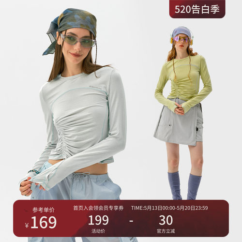 瞬时山野Monterest户外5A抗菌羊毛混纺打底抽褶修身长袖圆领T恤女