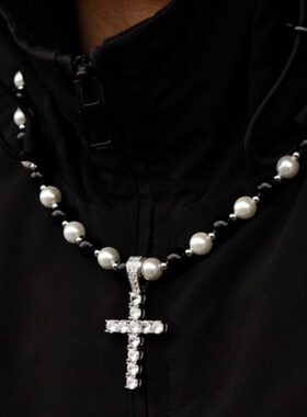 复古hiphop黑白卫衣大号十字架项链2024嘻哈潮新款链珍珠男女欧美