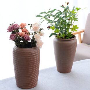 客厅插花插木头摆件粗陶家居装饰品复古禅意陶瓷花瓶花器陶艺干花