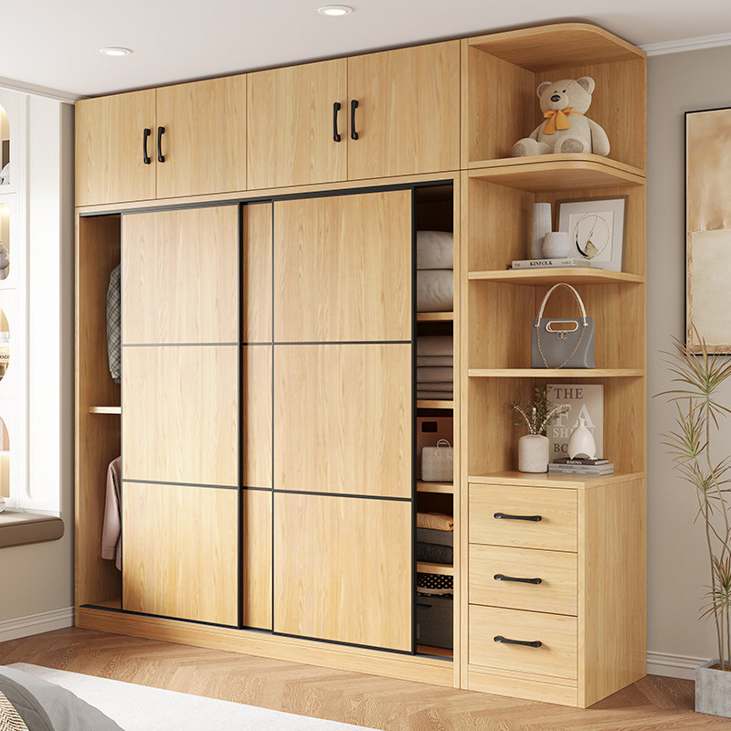 纯实木衣柜家用卧室推拉门收纳柜C子出租房用生态板经济型衣橱定