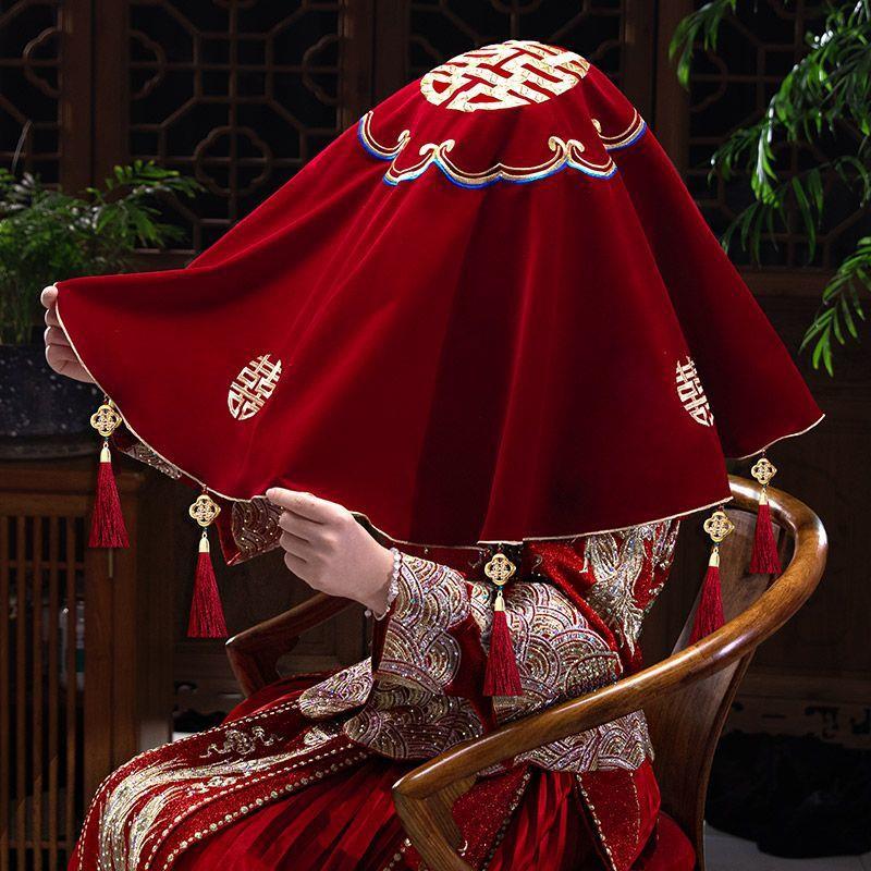 新娘红盖头结婚头纱中式刺绣禾服红盖头新娘出嫁高端结婚红盖头