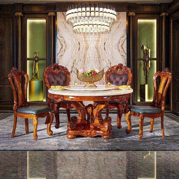 禧诚乌金木圆形餐桌椅组合欧式带转盘大理石家用豪华吃饭桌6人8人