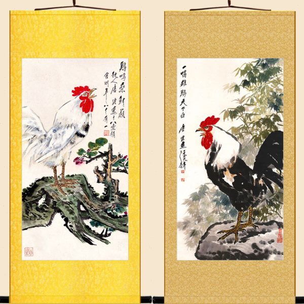 鸡客厅装饰画云天下鸡唱雄白 书房 唐一动物画卷轴挂画订做定制公图片