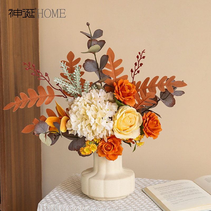 设计师新娘手捧级感仿真束玫瑰绣球假客厅餐桌装饰