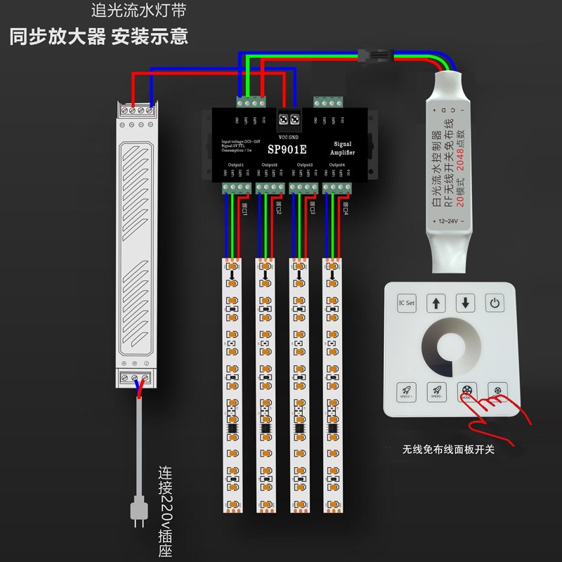 追光流水灯带控制器led线形灯回流跑马流星RF无线86面板开关24v