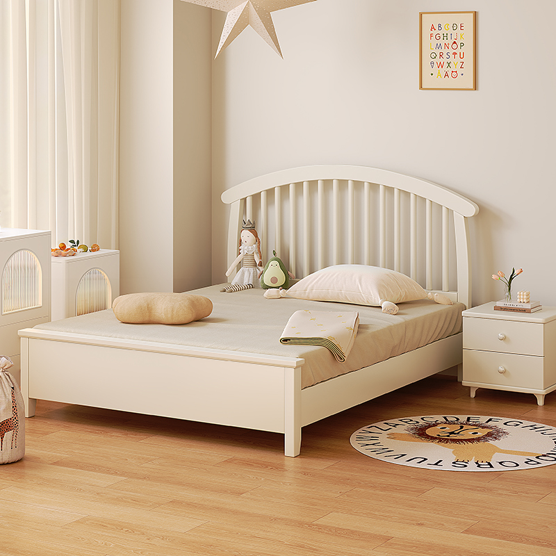 全实木白色儿童床简约现代男孩女孩公主床小户型1.5M奶油风收纳床