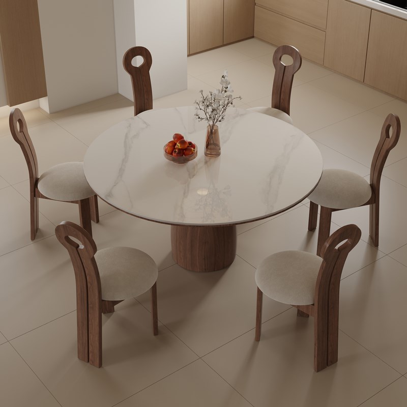 明匠轩复古胡桃木风实木圆桌家用小户型圆形饭桌法式圆餐桌椅