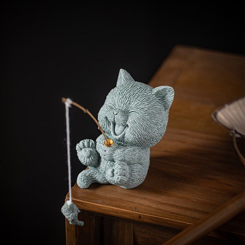 创意爱小猫咪钓鱼茶宠国潮萌猫鱼缸造景桌面装饰,家居饰品,装饰摆件,淘宝优惠券,粉丝福利购,淘宝优惠卷