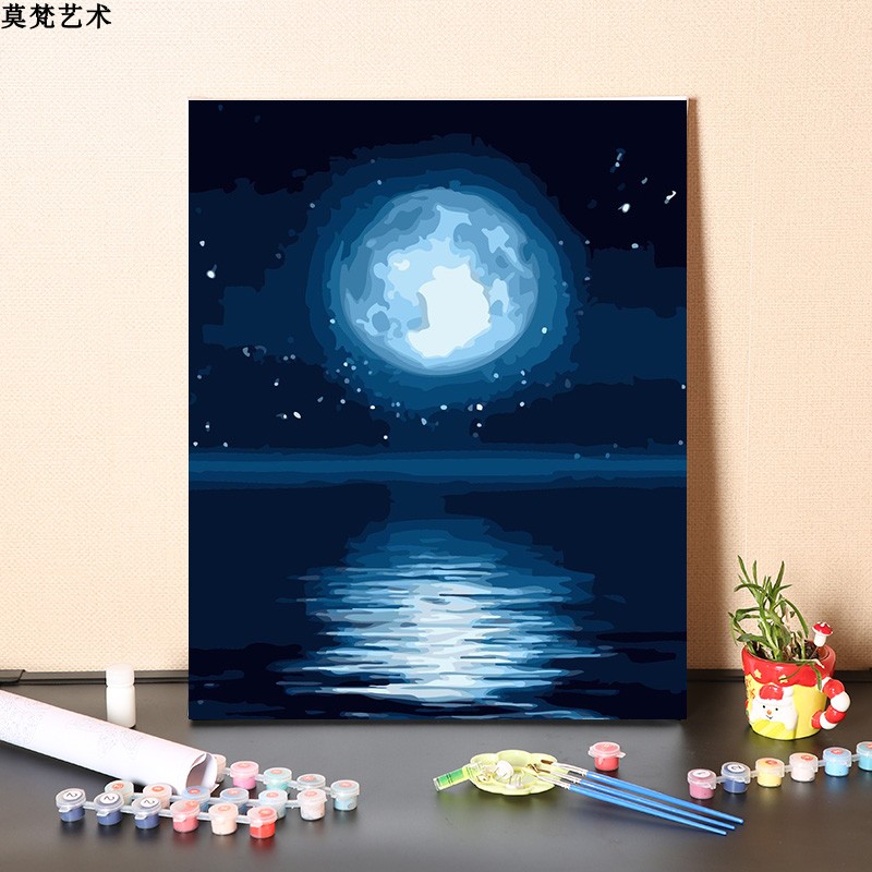 数字油画diy填充手工海上明月风景画填色圆月亮涂色丙烯油彩画画