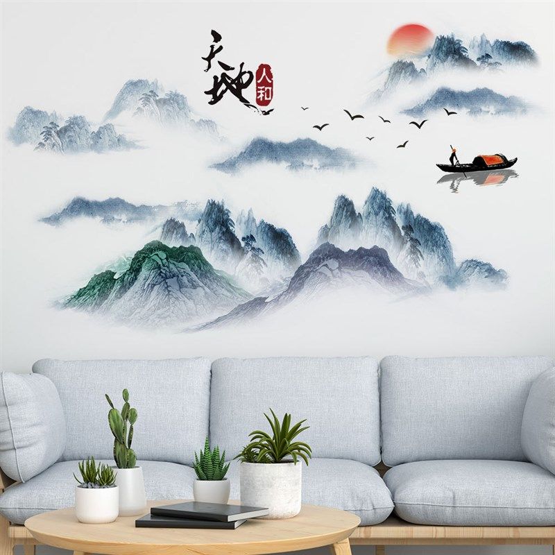 水墨风景墙山水古典意境新客厅卧室电视沙发背景装饰墙纸,家居饰品,软装墙贴,淘宝优惠券,粉丝福利购,淘宝优惠卷