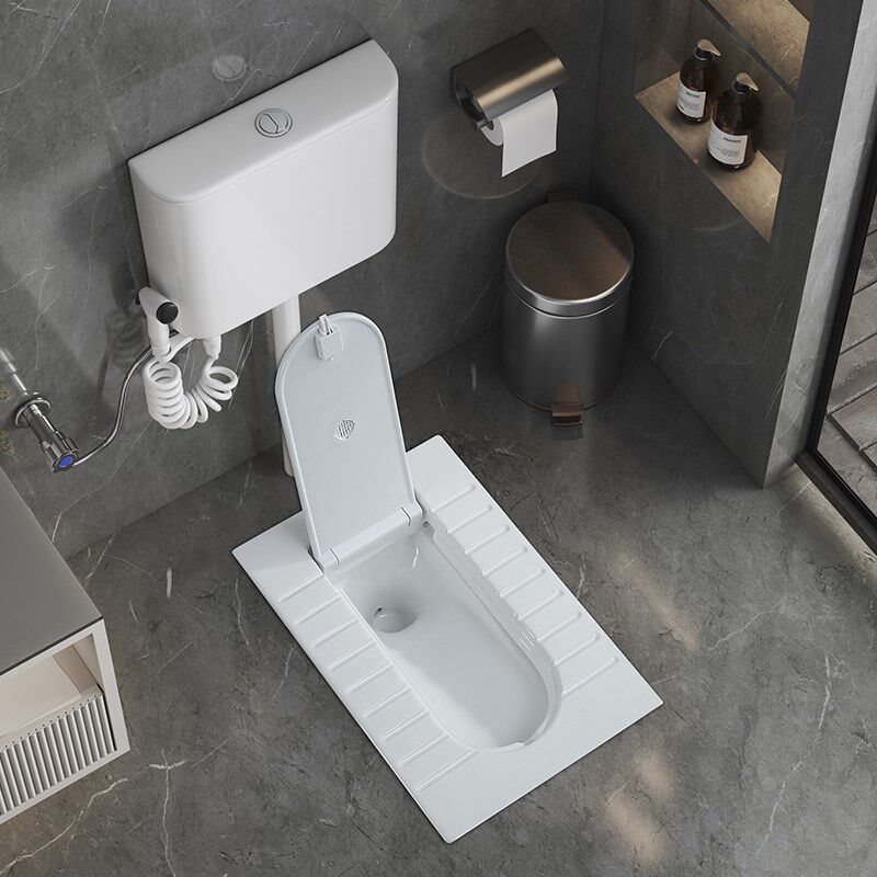 带盖板一体翻盖式隐藏形蹲厕陶瓷加盖蹲坑式便池家用大便盆