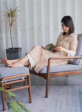 北美布艺休闲椅实木餐椅单人沙发椅家用躺椅极简书椅