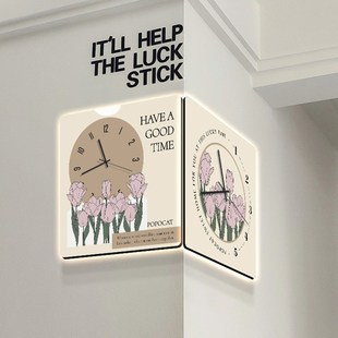 奶油风转角面挂钟客厅拐角郁金香钟表装 饰画创意时钟壁灯