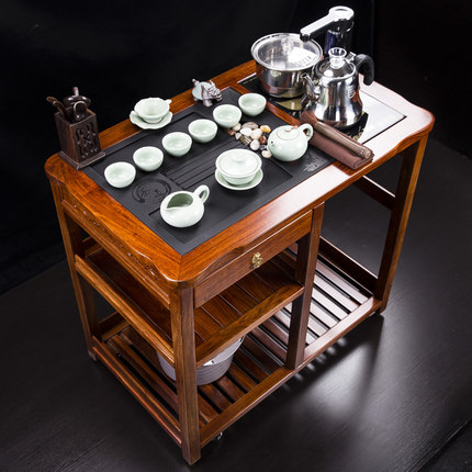 花梨木茶车乌金石实木可移动带轮茶台水柜茶盘茶桌刺猬紫檀
