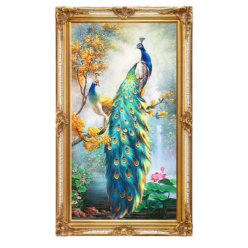欧式纯手绘雀油画玄关饰画酒店别墅客厅壁画竖挂画吉祥
